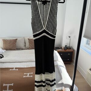 NBD Black and White Crochet Plunge Neckline Maxi Dress